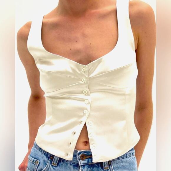 NWT SATIN lovers COMMENSE creamy white button up cami top M - Picture 1 of 8